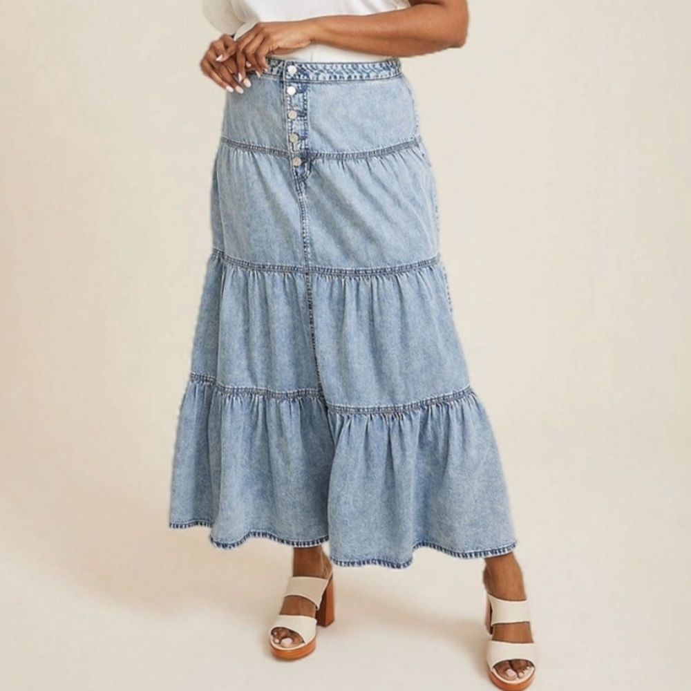 Tiered Blue Denim Maxi Skirt